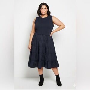 Nicole Miller women’s Sz 3X Navy Blue Sleeveless Midi Dress Mixed Material comfy